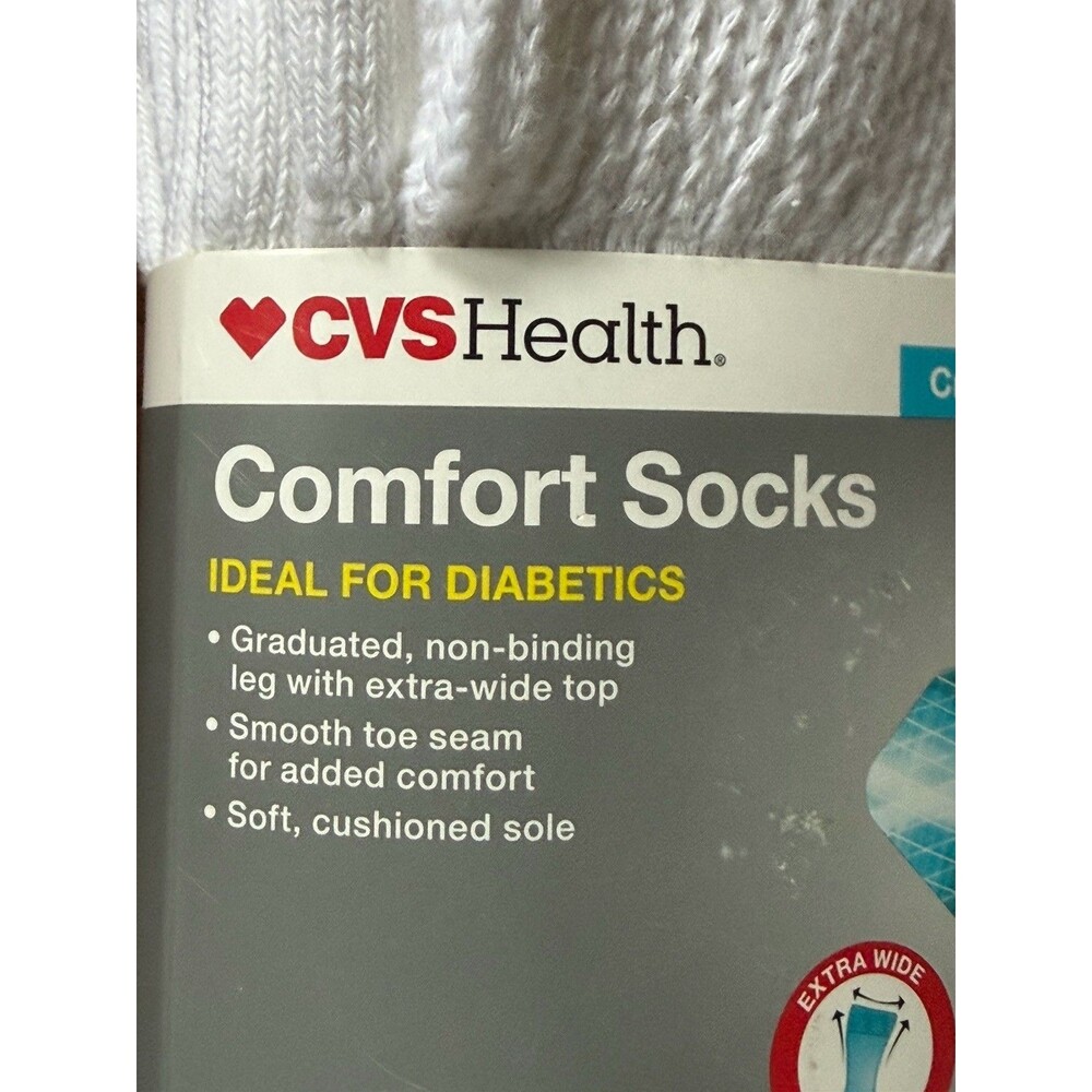 CVS Health Two Pairs White Diabetic Long Comfort Crew Socks Unisex Size L/XL NEW